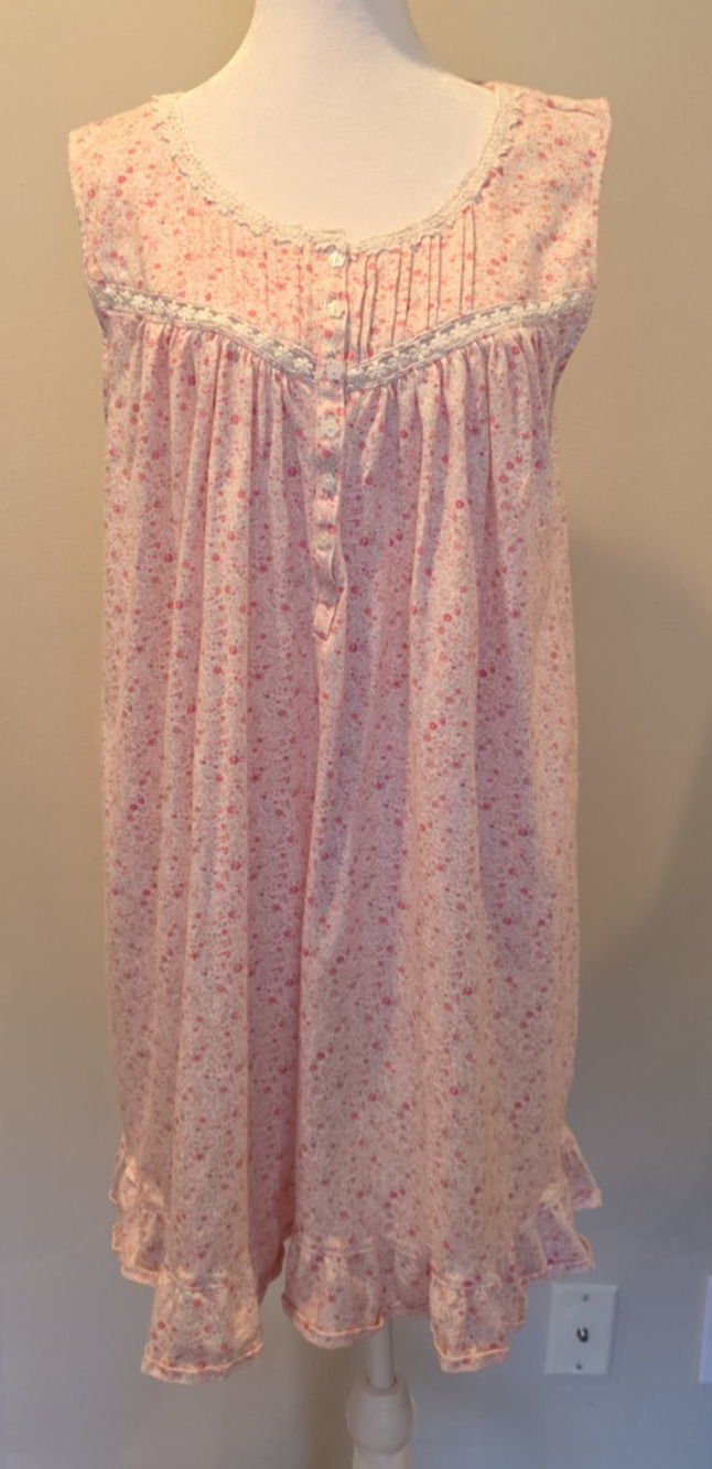 Eileen West Pink Floral Cotton Knit Short Nightgown XL Lace Trim Sleeveless